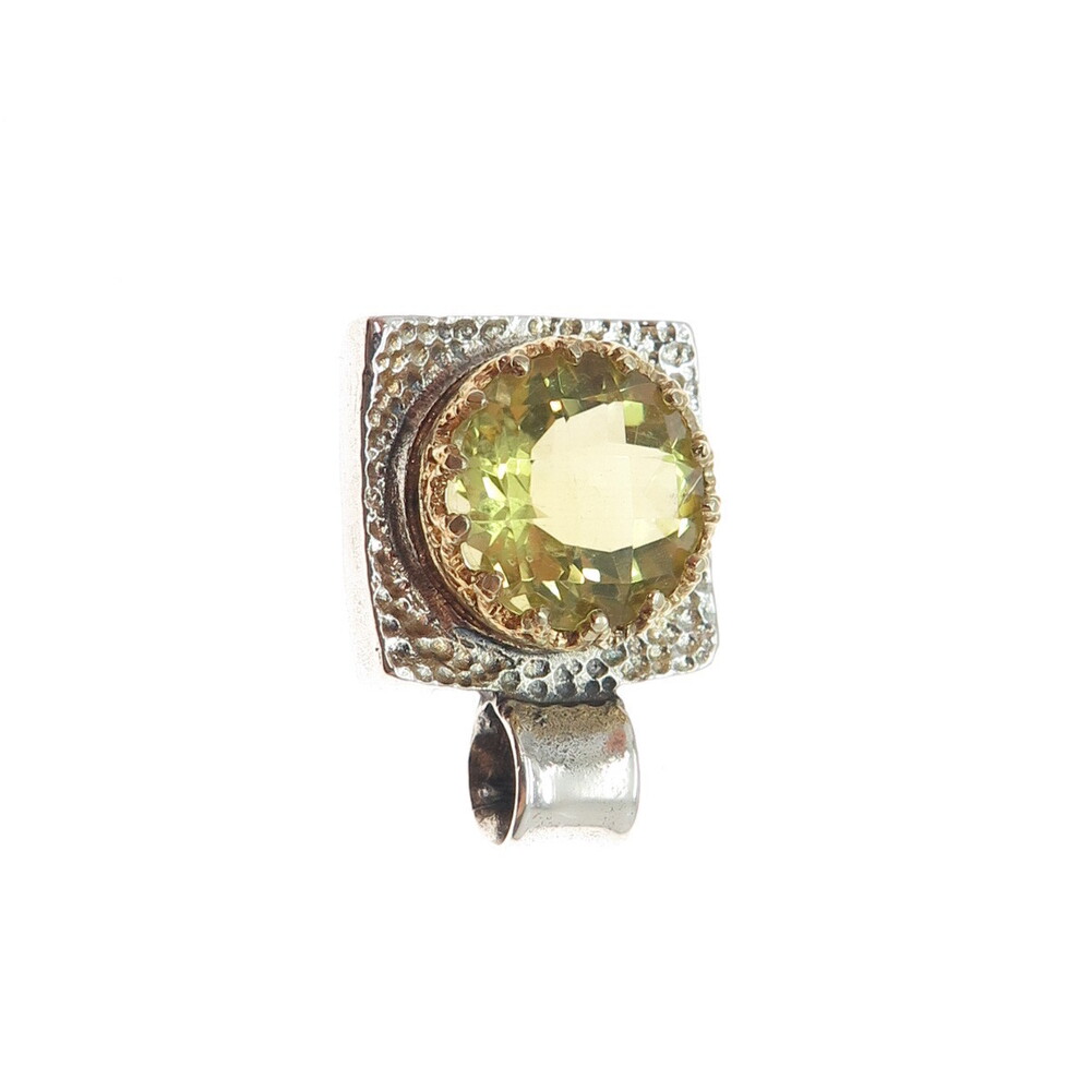 925 Sterling Silver 2-Tone Vintage Real Lime Quartz Hammered Charm Pendant - Picture 6 of 7